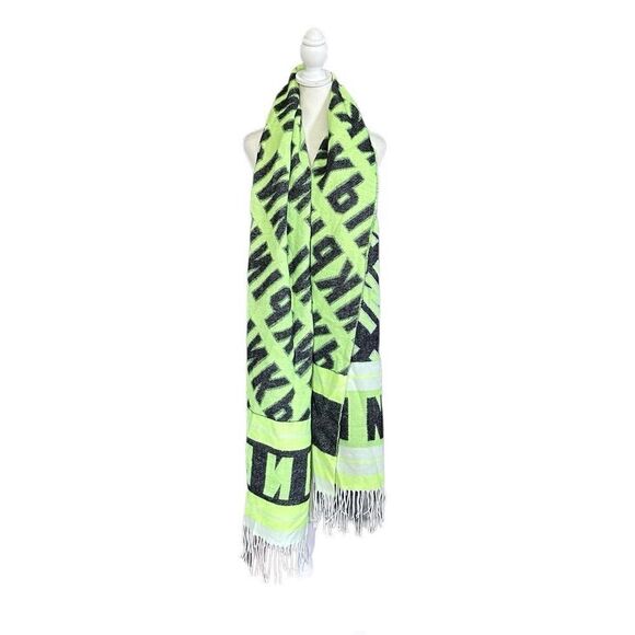 PINK Victoria's Secret Neon Green & Black Reversible Fringe Logo Blanket Scarf - Picture 4 of 7